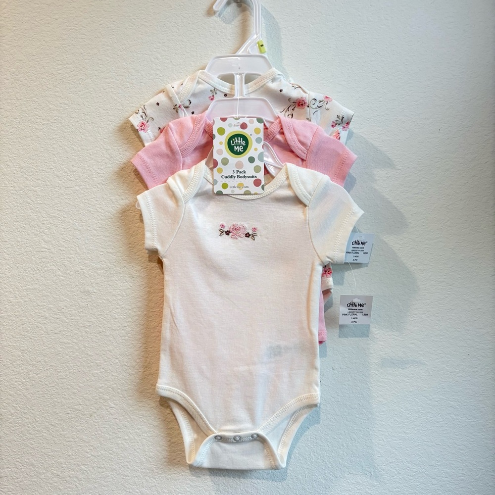 NWT Little Me Baby Girls 3-Pack Cuddly Bodysuits Pink Floral Size 3 Months